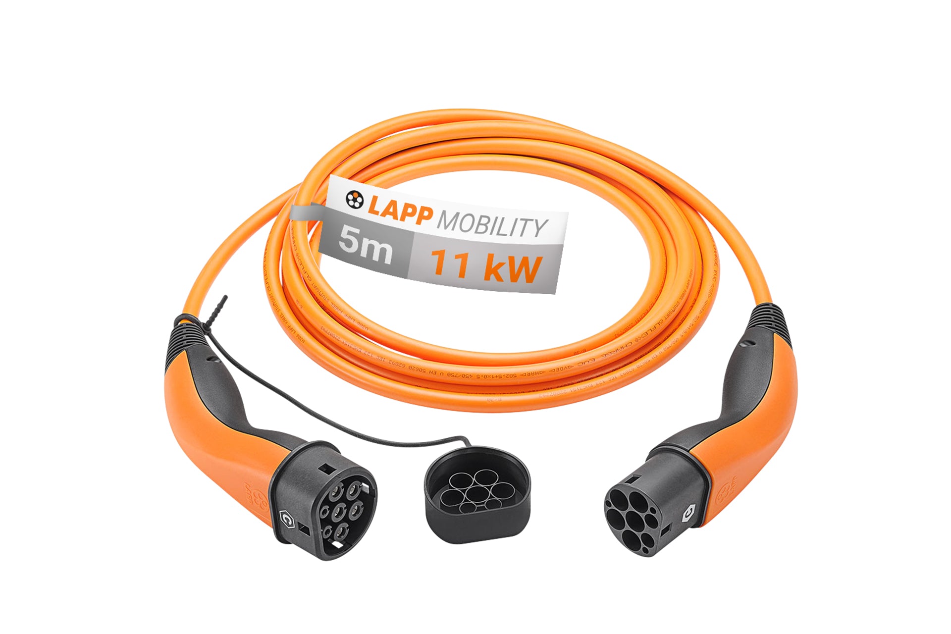 Das LAPP Typ 2 Ladekabel für Elektroautos ist 5 m lang, unterstützt 11 kW und verfügt über schwarze Anschlüsse mit einer abgenommenen und vorne angebrachten Kappe.