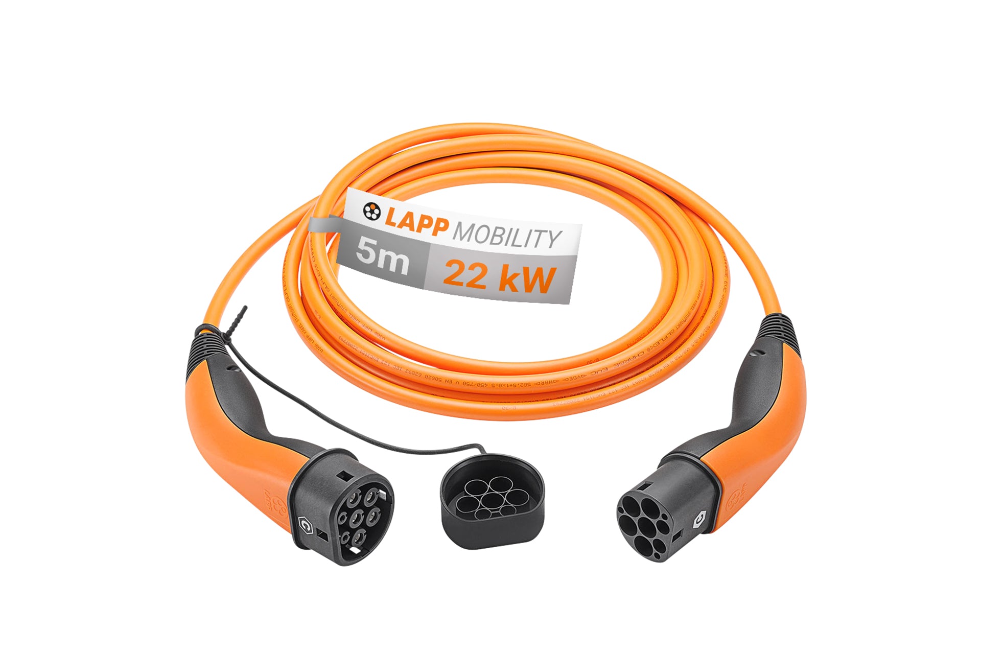 Das Lapp - Ladekabel Typ 2 von LAPP ist 5 Meter lang, unterstützt 22 kW, besitzt zwei Stecker sowie eine Schutzkappe und eignet sich optimal zum Laden von Elektroautos.