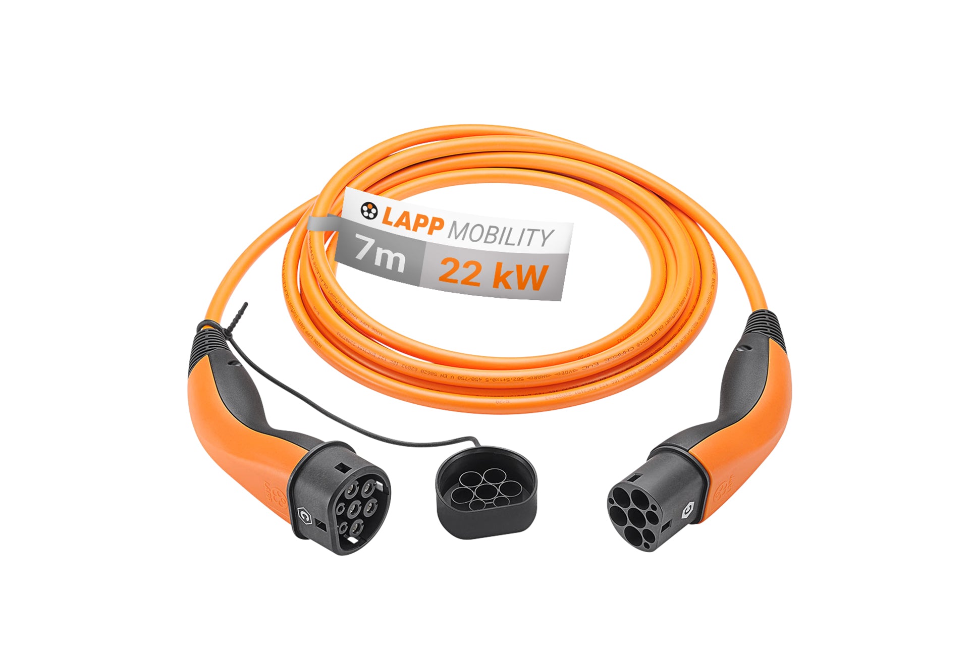 Das LAPP - Ladekabel Typ 2 ist ein orangefarbenes 7 Meter langes Ladekabel für Elektroautos mit schwarzen Anschlüssen der Marke LAPP und unterstützt eine Ladegeschwindigkeit von bis zu 22 kW.
