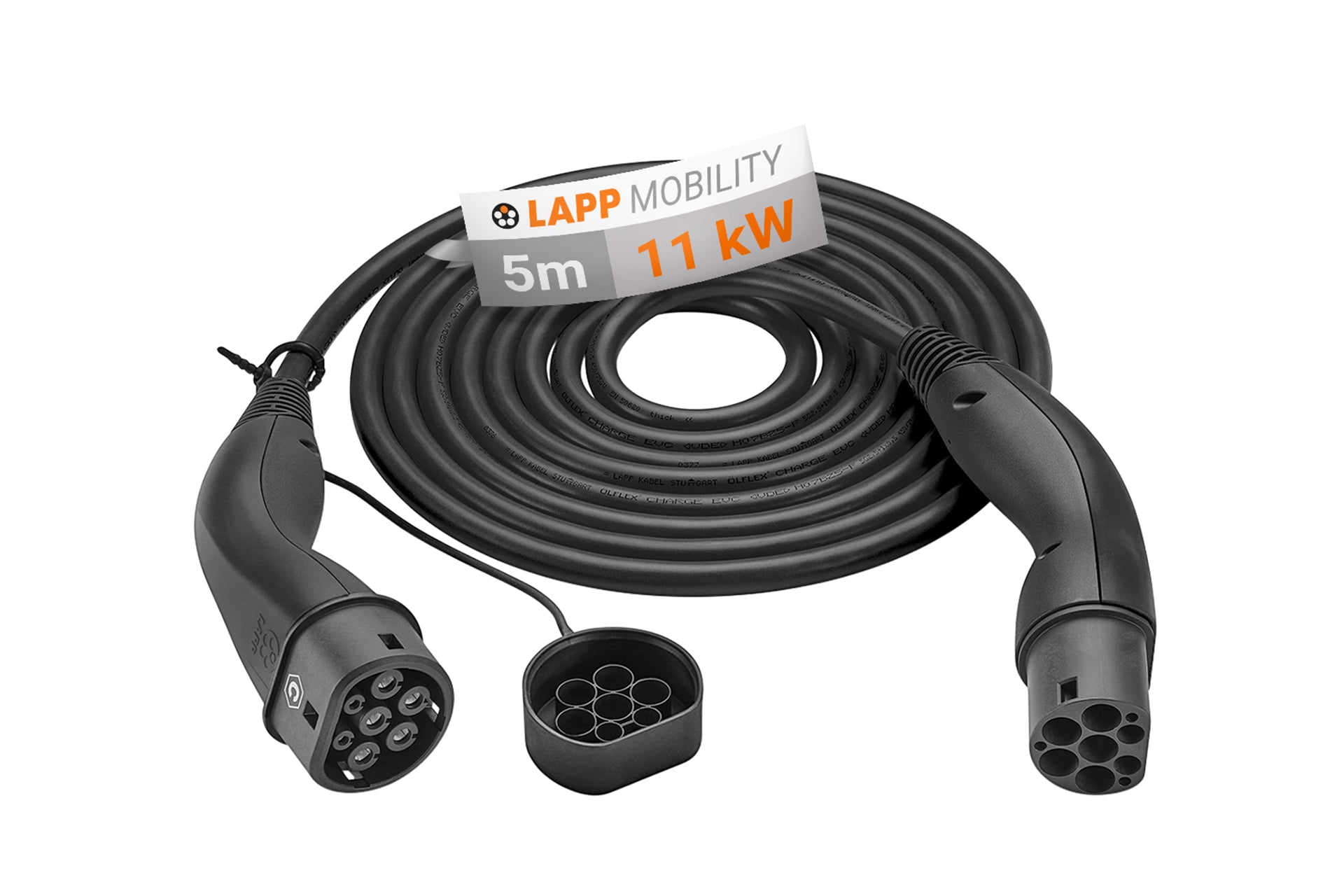 Ein 5 Meter langes, 11 kW starkes LAPP Helix Ladekabel Typ 2 für Elektroautos mit Typ 2 Steckern und Schutzkappen, sauber gewickelt.