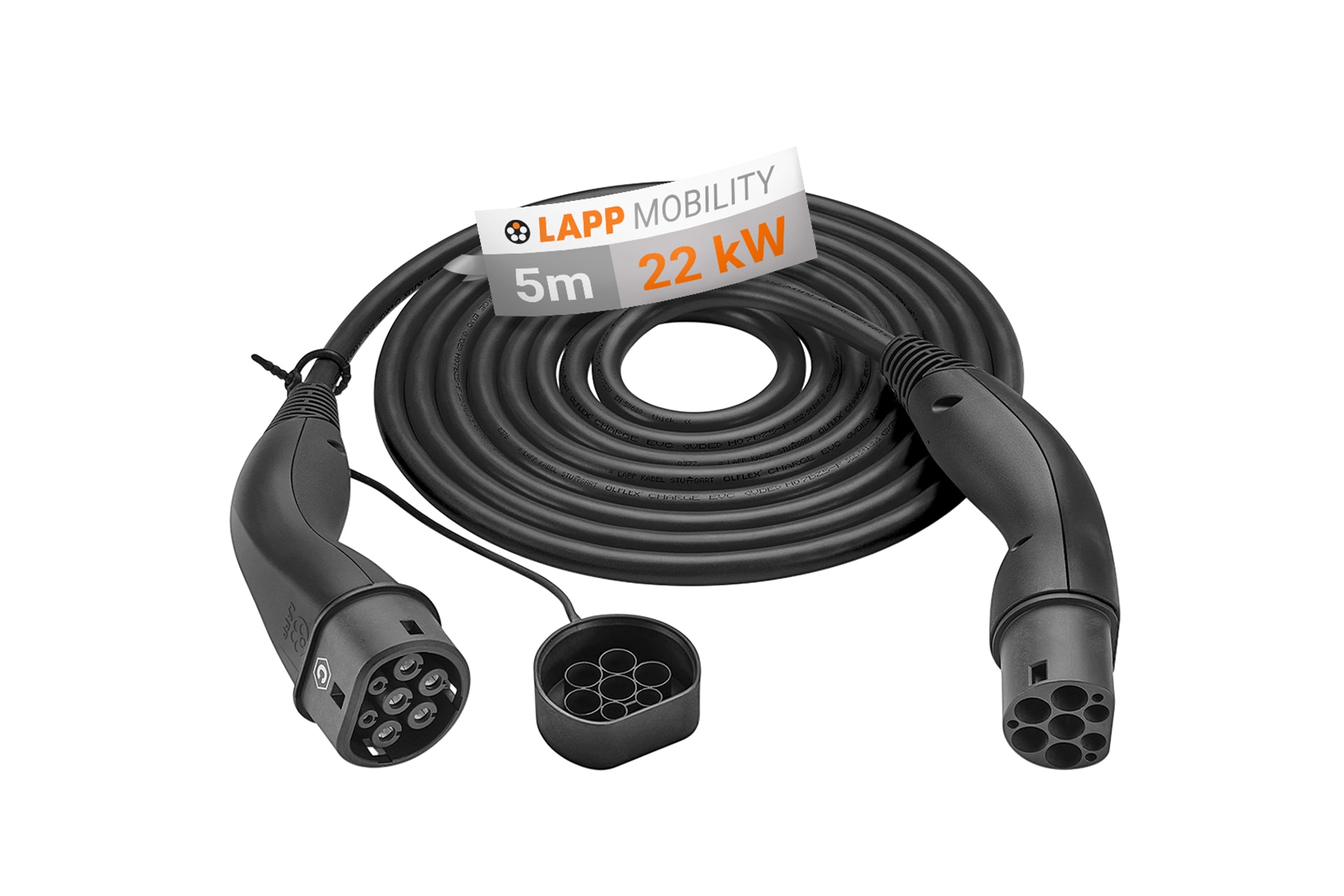 Das LAPP Helix Typ 2 Ladekabel ist ein 5 Meter langes 22-kW-Ladekabel für Elektroautos mit Typ-2-Steckern, Schutzkappe und kompaktem Spulendesign.