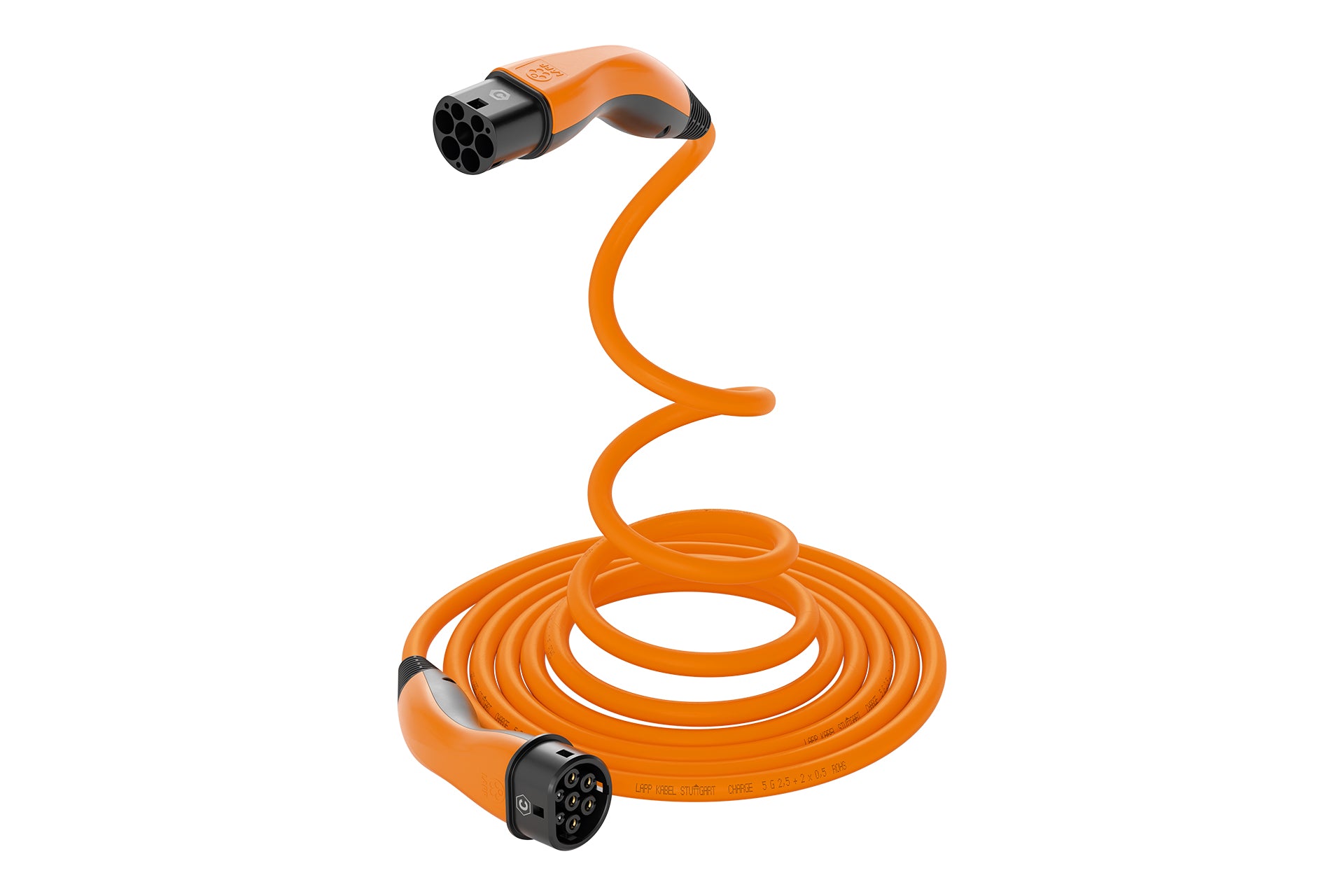 Das LAPP - Helix Ladekabel Typ 2, ein orangefarbenes Spiralladekabel für Elektroautos mit Doppelstecker, wird in erhabener Spiralform auf weißem Hintergrund dargestellt.