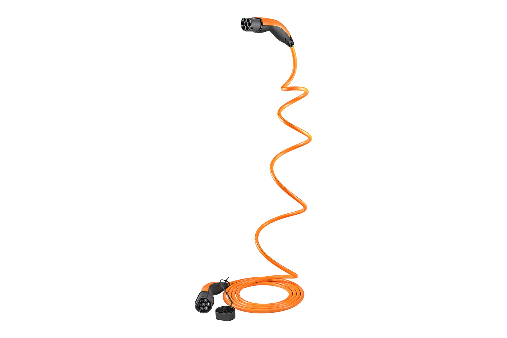 Das LAPP Helix Ladekabel Typ 2 für Elektroautos verfügt über schwarze Stecker, die unten gewickelt dargestellt sind und sich in einer Wellenlinie nach oben erstrecken, vor einem weißen Hintergrund – ein Hinweis auf die bekannte LAPP-Qualität.