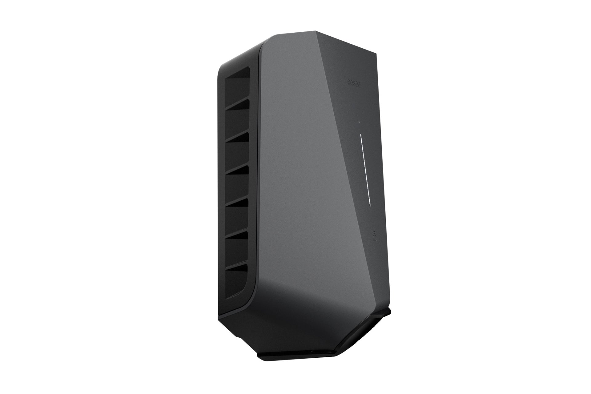 Ein eleganter, schwarzer Luftreiniger zur Wandmontage mit geometrischem Design und horizontalen Lüftungsschlitzen auf einer Seite, der an die innovative Easee Charge Max Wallbox von Easee für Elektrofahrzeuge mit hoher Ladekapazität erinnert.