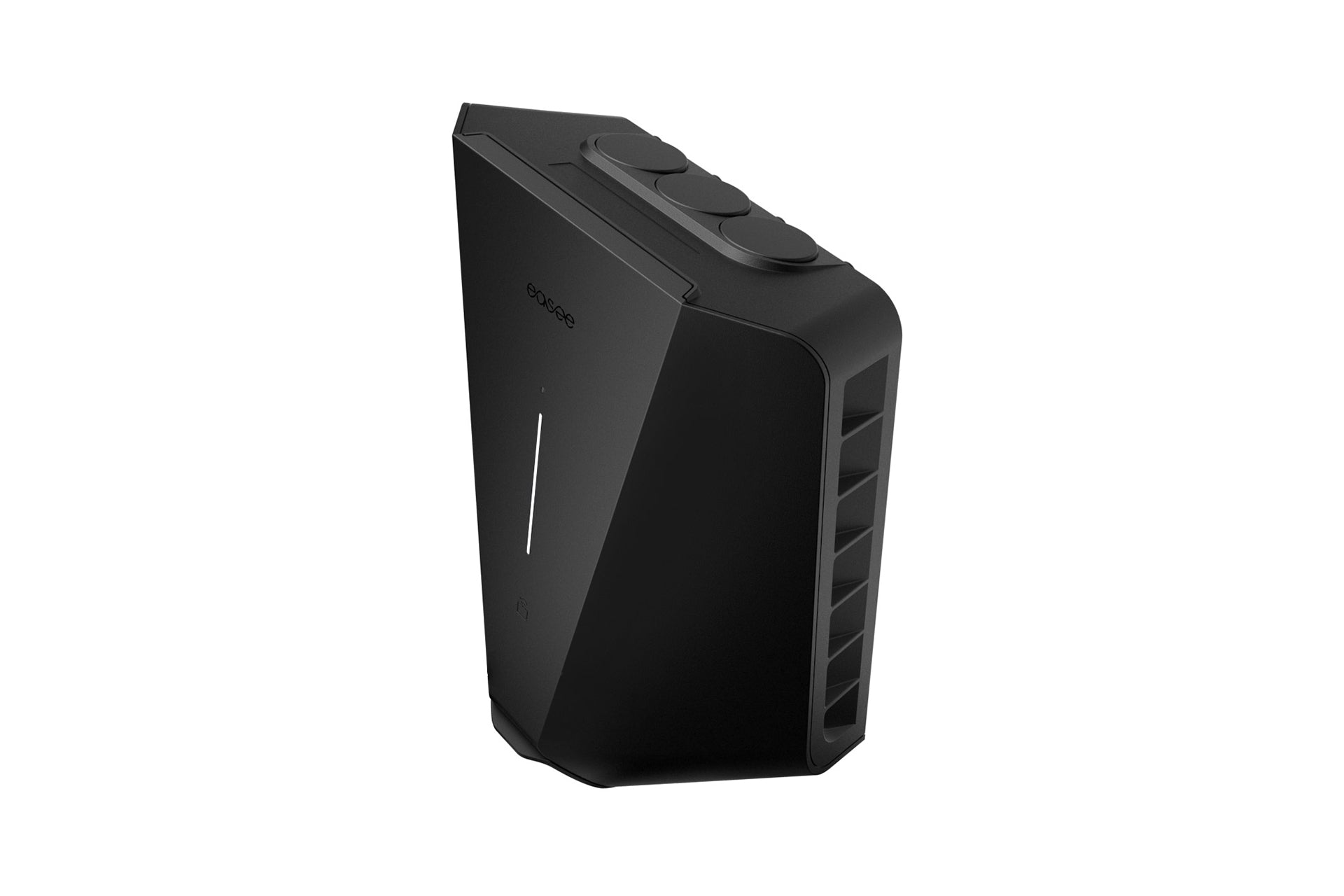 Das Easee Charge Max von Easee ist ein schwarzes, eckiges WLAN-Ladegerät mit Tasten und Lüftungsschlitzen auf weißem Hintergrund, das das elegante Design der Ladelösungen für Elektrofahrzeuge aufweist.