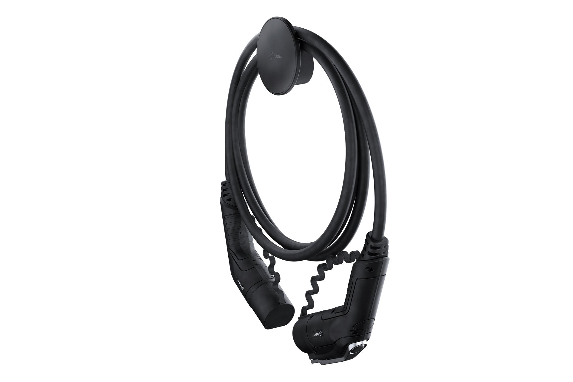 Ein schwarzes Ladekabel ist aufgewickelt und an der Zaptec Chill (Kabelhalterung) von Zaptec aufgehängt und bietet sowohl praktische Aufbewahrung als auch elegantes Design.