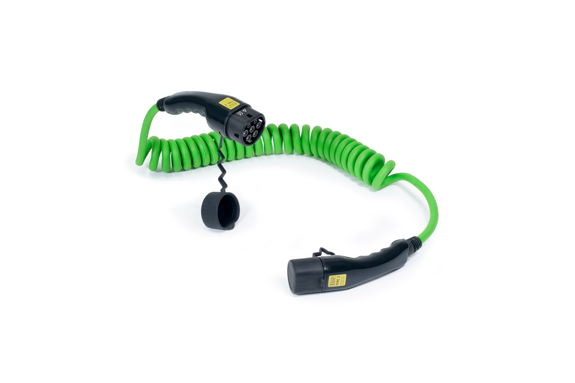 Das ELECTRIC-WAYS Ladekabel - Spiral Typ 2 von ELECTRIC-WAYS ist ein grünes Spiralladekabel für Elektroautos und Plug-In-Hybride, mit schwarzen Steckern und Schutzkappen, abgebildet auf weißem Hintergrund.