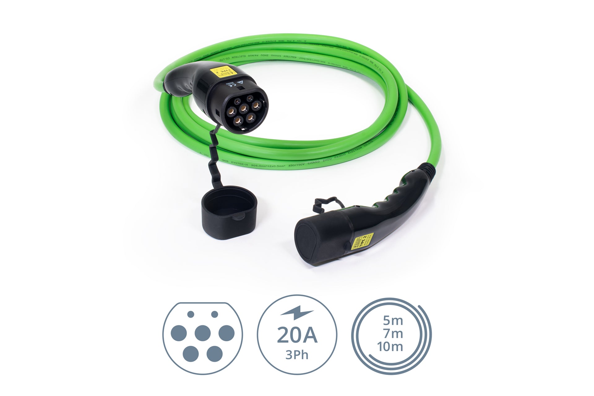 Das ELECTRIC-WAYS Ladekabel – Glatt Typ 2 ist ein grünes Ladekabel mit schwarzen Steckern vom Typ 2, unterstützt 20 A, 3-phasig und ist in den Längen 5 m, 7 m oder 10 m erhältlich – ideal für Elektroautos.