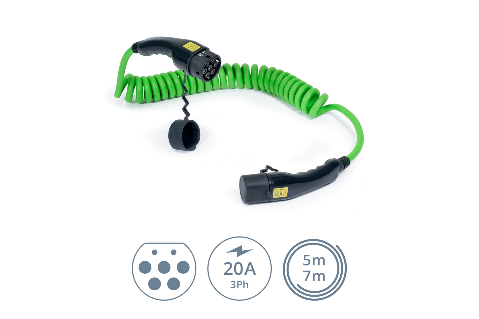 Das ELECTRIC-WAYS Ladekabel - Spiral Typ 2 von ELECTRIC-WAYS ist ein grünes Spiralladekabel für Elektroautos und Plug-In-Hybride mit schwarzen Anschlüssen, Schutzkappe, 20A 3-Phasen-Symbolen und ist in den Längen 5 m oder 7 m erhältlich.