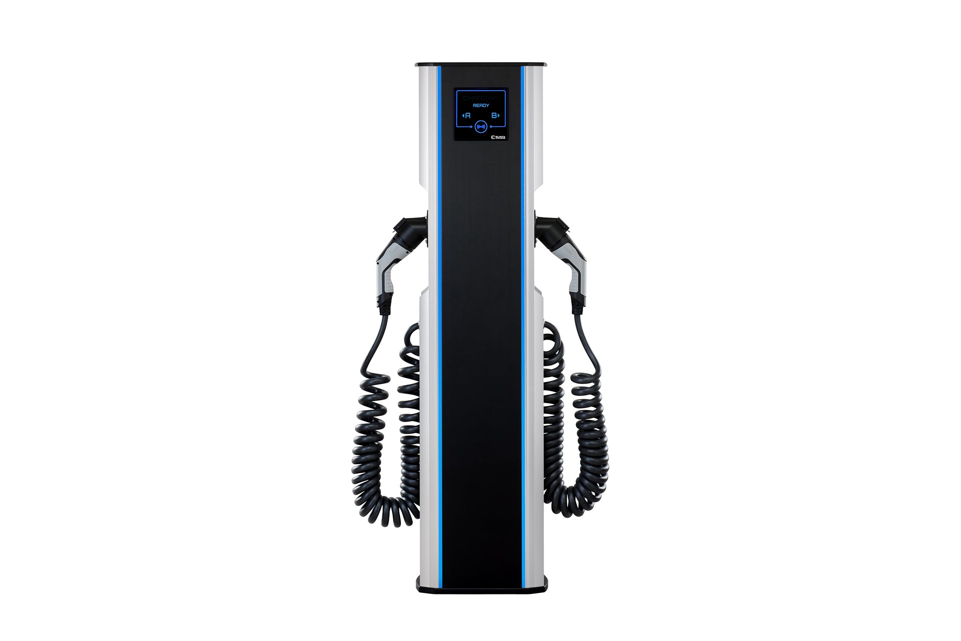 Elinta Charge CityCharge V2 von Elinta Charge ist eine schwarz-silberne Ladestation für Elektrofahrzeuge mit zwei Spiralkabeln, einer digitalen Anzeige, Schnellladung Typ 2 und Gewinner des Red Dot Design Award.