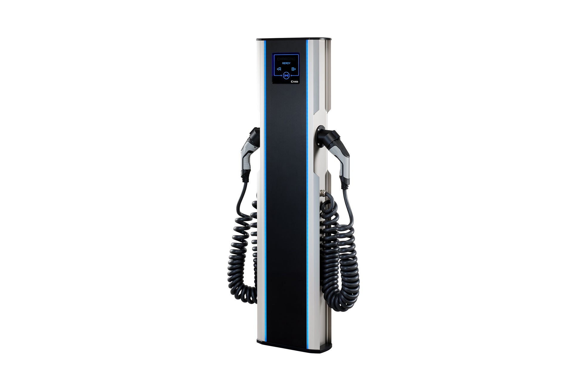 Die Elinta Charge CityCharge V2 von Elinta Charge ist eine Ladestation für Elektrofahrzeuge mit zwei Ladekabeln und Steckern vom Typ 2, die für schnelles Laden konzipiert ist, aufrecht auf weißem Hintergrund dargestellt und mit einem Red Dot Design Award ausgezeichnet wurde.