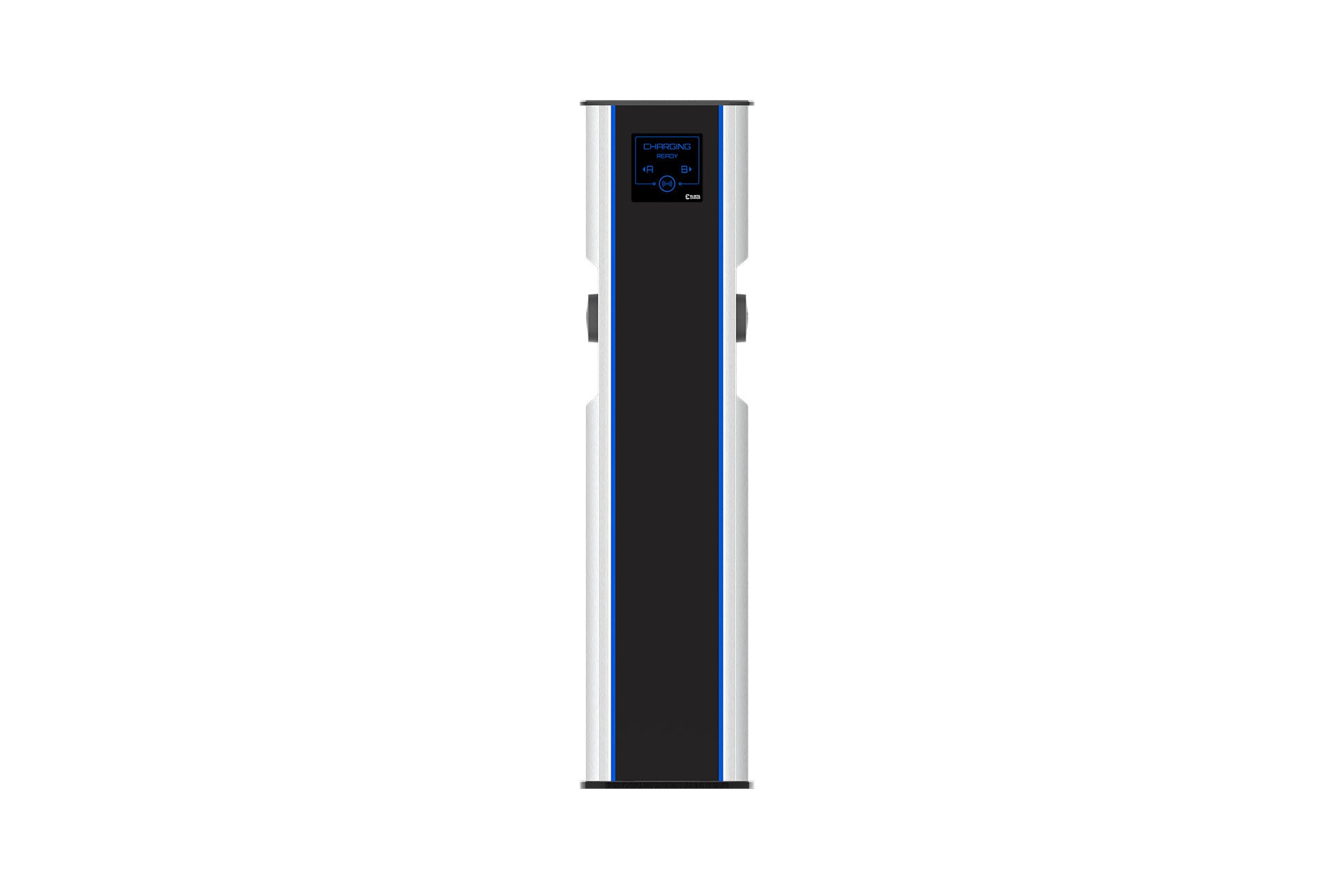 Die Elinta Charge CityCharge V2 von Elinta Charge ist eine hohe, rechteckige schwarz-silberne Ladestation mit einem Top-Display, das schnelles Laden über Typ-2-Stecker unterstützt (von vorne auf weißem Hintergrund). Ausgezeichnet mit dem Red Dot Design Award.