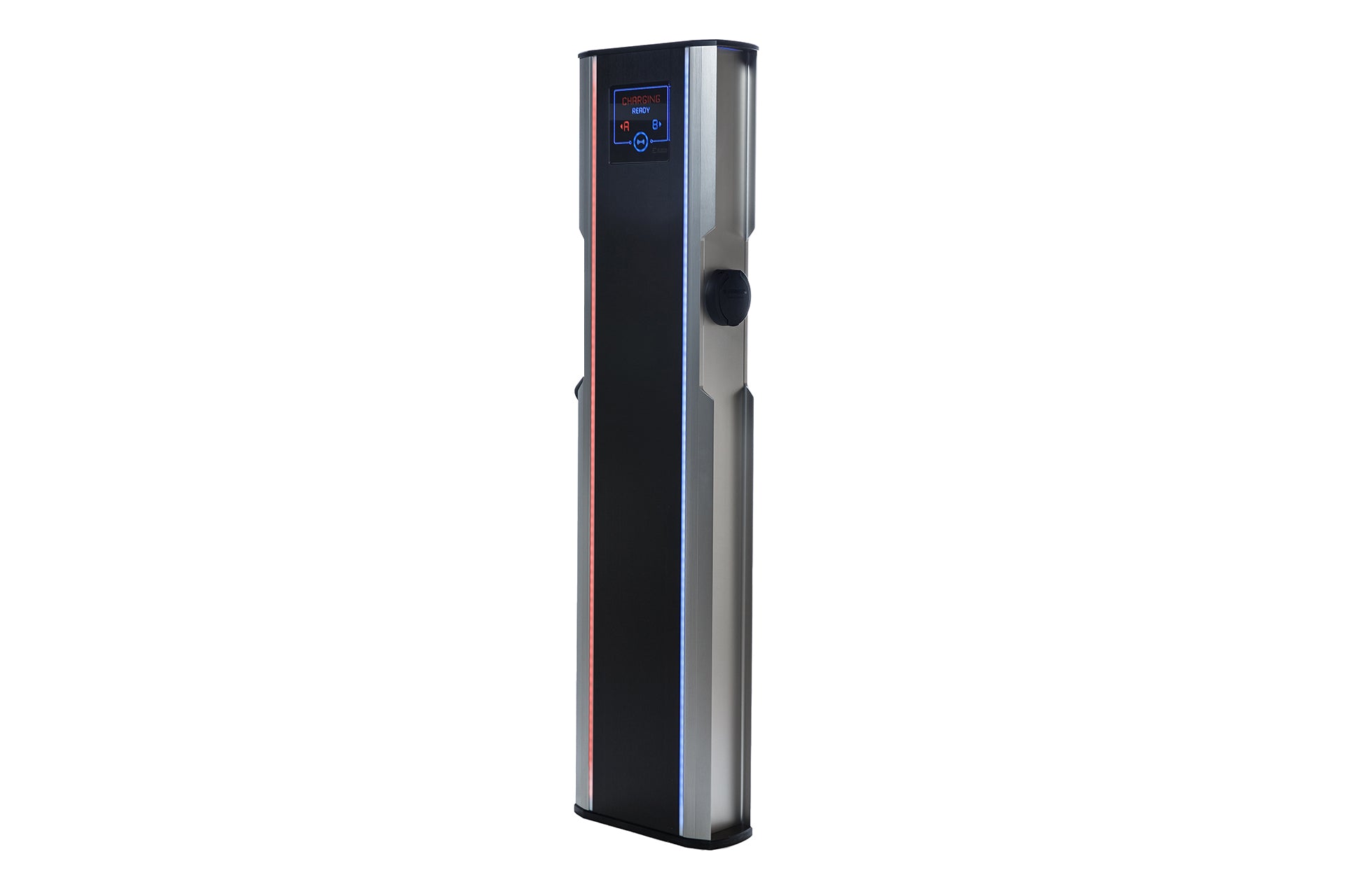 Das Elinta Charge CityCharge V2 von Elinta Charge ist ein hohes, schwarz-silbernes Ladegerät für Elektrofahrzeuge mit einer digitalen Anzeige im oberen Bereich, das für schnelles Laden mit einem Typ-2-Stecker konzipiert ist – eine aufrechte Innovation, die mit dem Red Dot Design Award ausgezeichnet wurde.