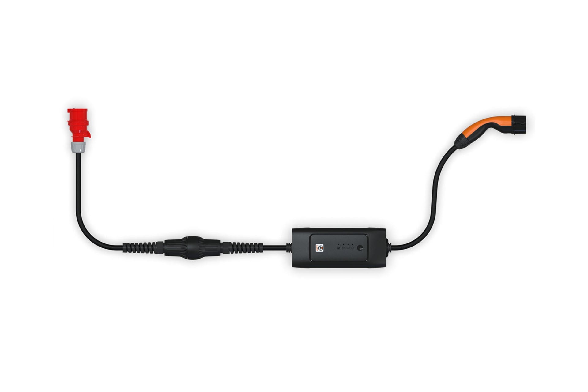 Das LAPP Mobile Ladestation Universal SET verfügt über ein schwarzes Kabel mit rotem Stecker, eine zentrale Steuerbox und einen orangefarbenen Stecker – ideal für mobiles Laden oder die Verwendung mit einem Netzadapter. Marke: LAPP. Isoliert auf weißem Hintergrund dargestellt.