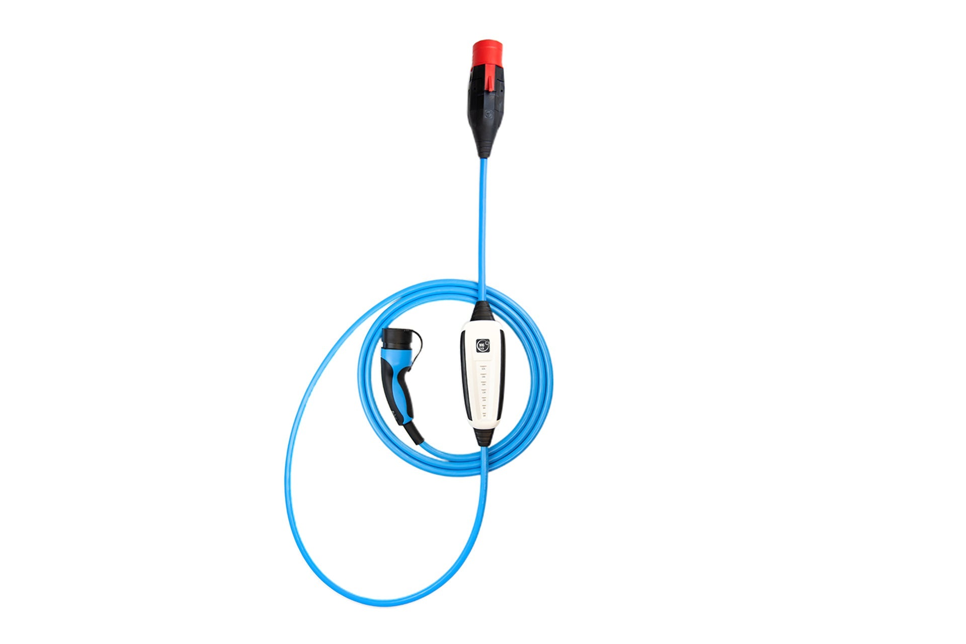Das NRGkick Set von NRGkick ist ein blaues Ladekabel für Elektrofahrzeuge mit Typ-2-Stecker, schwarz-rotem Anschluss und weißem Griff. Diese mobile Einheit unterstützt bis zu 22 kW Ladeleistung für effizientes Laden überall.