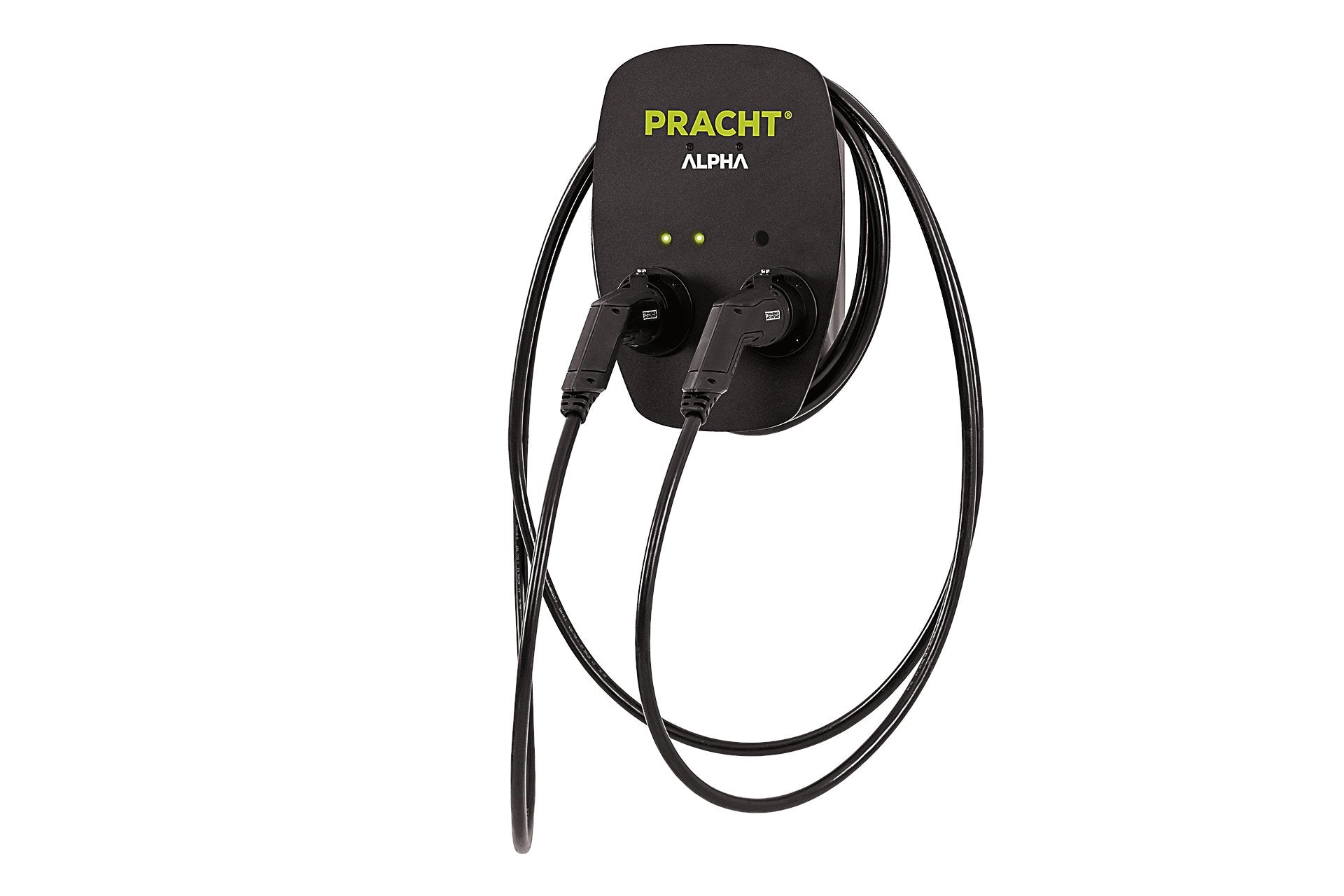 Die Wandladestation Pracht Alpha XT von Pracht ist in schlichtem Schwarz gehalten, verfügt über die Schutzart IP65 und ist mit zwei herunterhängenden Ladekabeln ausgestattet.
