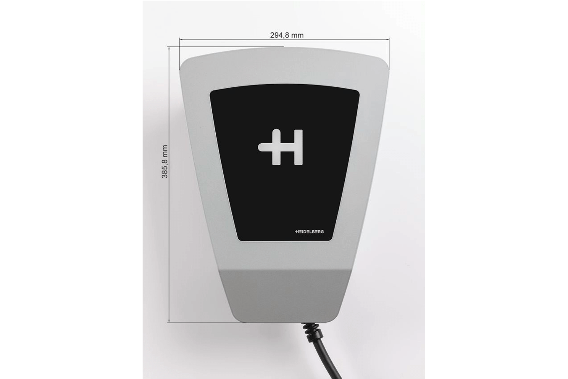 Die Heidelberg AMPERFIED Wallbox Home Eco ist ein graues elektronisches Wandladegerät mit einem schwarzen Mittelteil und einem weißen H-Symbol. Es ist 294,8 mm breit und 395,8 mm hoch und verfügt über ein Kabel zum Laden oder einen Fehlerstromschutzschalter.