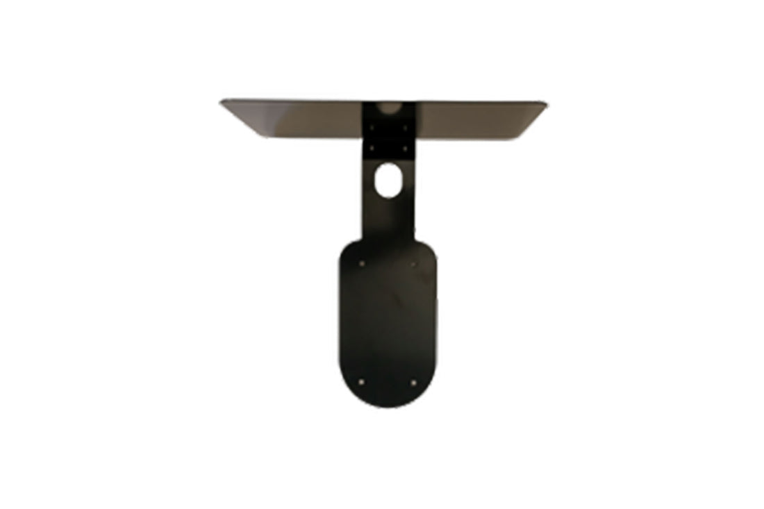 Das go-e Dach für Standfuß MB anthrazit von go-e ist eine schwarze Metall-Wandhalterung mit flacher Ablagefläche, vertikaler Stütze, kreisförmigem Ausschnitt und Schraubenlöchern. Entwickelt für den Gemini Charger und mit Korrosionsschutz für längere Haltbarkeit.