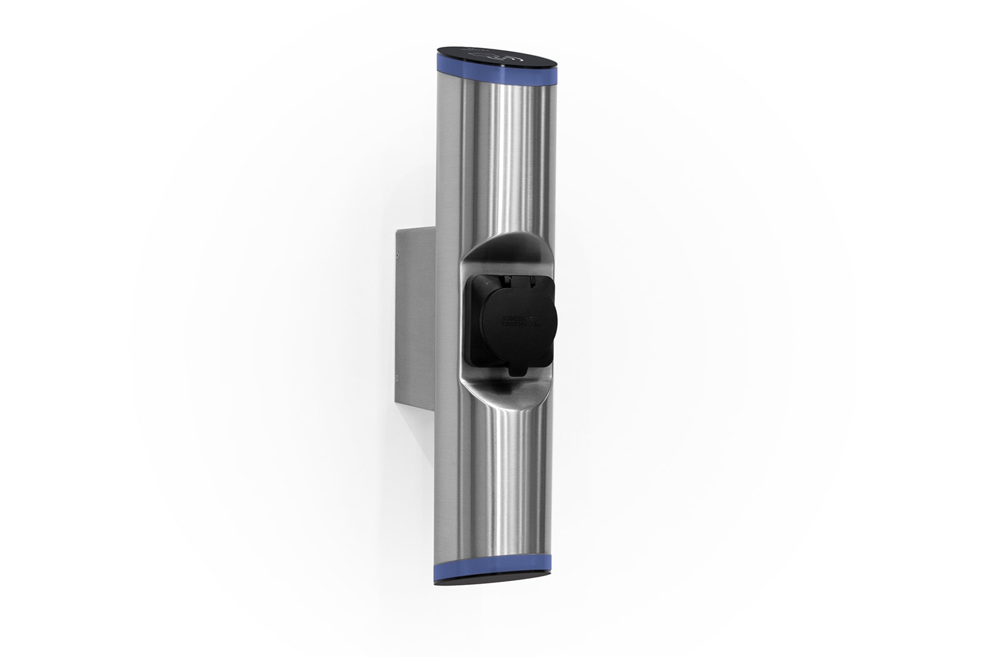 Die hesotec electrify eBox sr10 Smart ist eine wandmontierte Ladestation für Elektrofahrzeuge mit gebürstetem Metall-Finish, blauen Akzenten, einer zentralen schwarzen Steckdose sowie integrierten WLAN- und LAN-Schnittstellen.