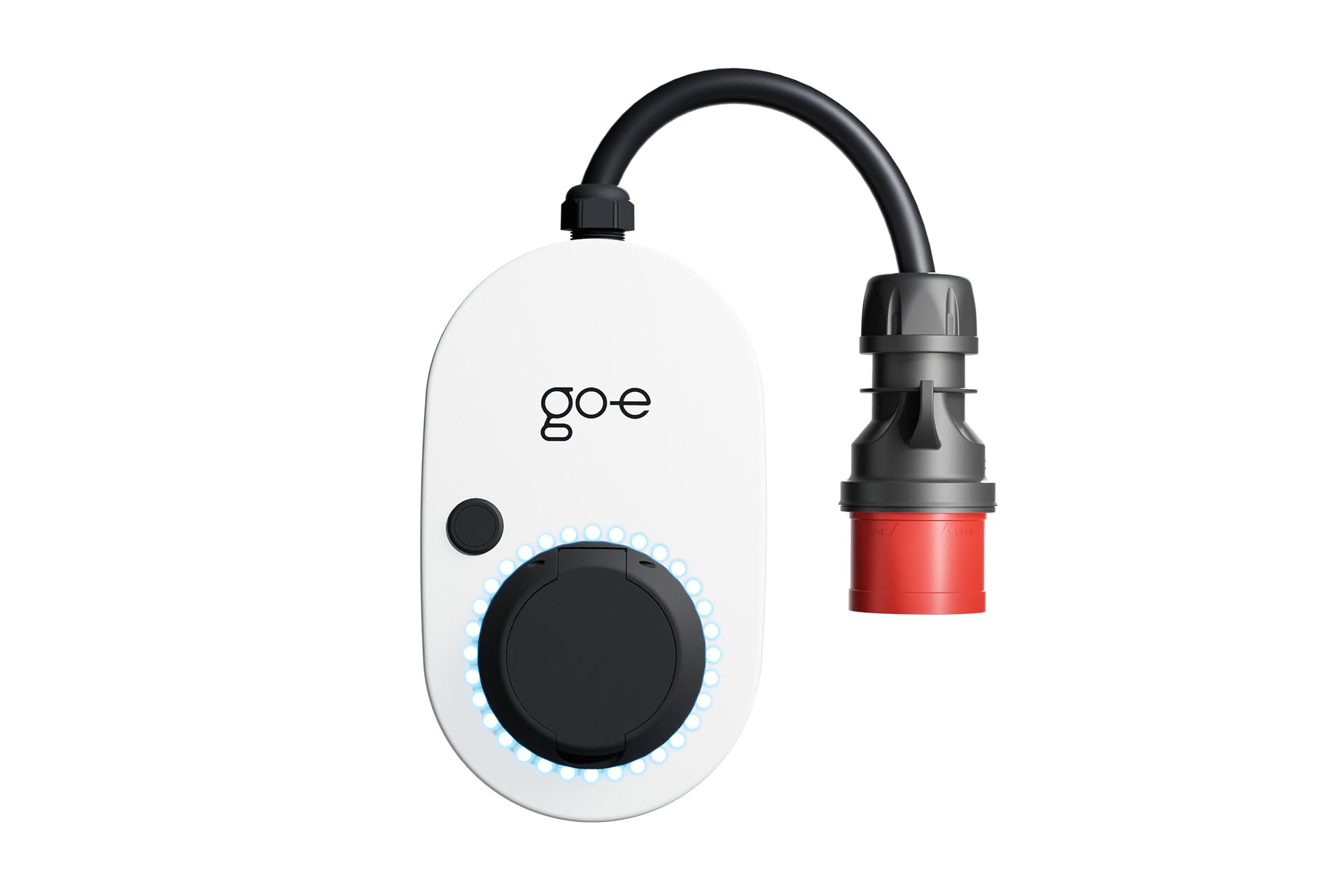Der go-e Charger Gemini flex von go-e ist ein zuverlässiges tragbares Ladegerät für Elektrofahrzeuge mit weißem Gehäuse, rundem Zifferblatt mit LED-Leuchten und einem kurzen schwarzen Kabel mit rotem Industriestecker – perfekt als flexible Ladestation.