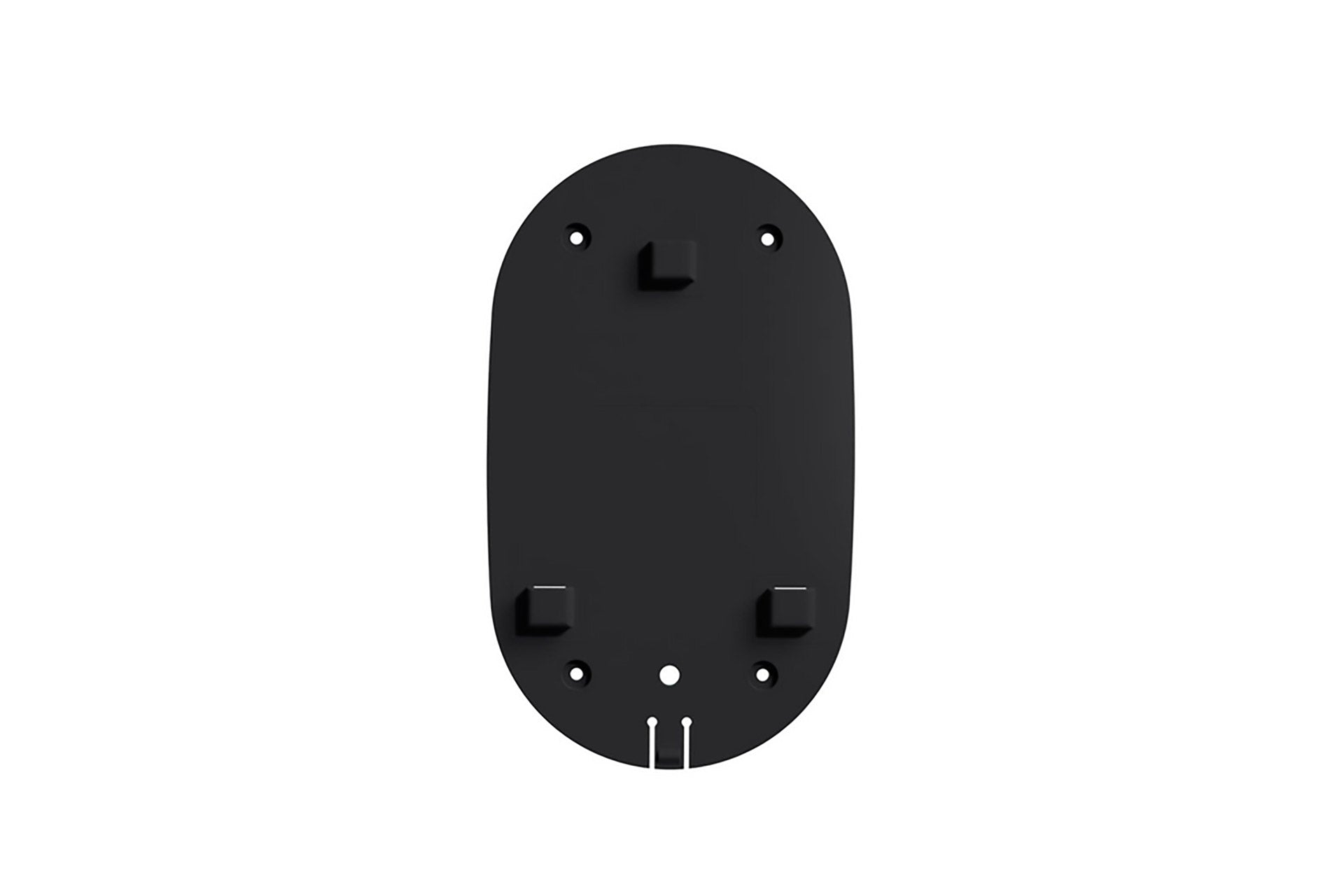 Die go-e Charger Ersatz-Wandmontageplatte von go-e ist eine schwarze, ovale Wandmontageplatte mit vier Clips und zwei Schraublöchern, frontal auf weißem Hintergrund abgebildet, passend für den Gemini Flex oder go-e Charger.