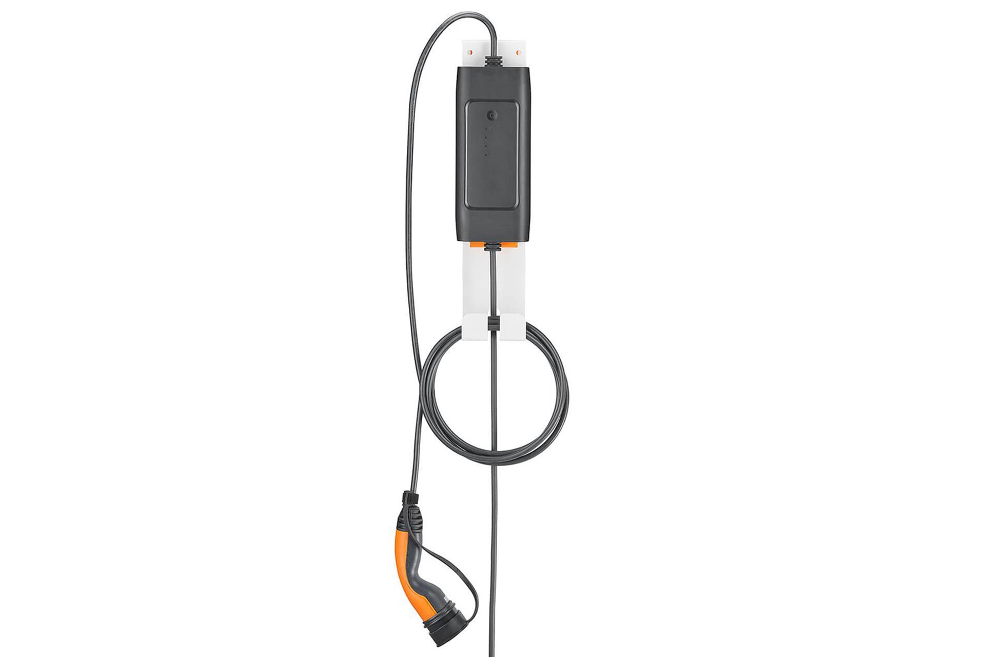 Das LAPP Mobile Ladestation Universal SET ist ein wandmontiertes Ladegerät für Elektrofahrzeuge mit einer schwarzen Steuerbox und einem orangefarbenen Stecker, ideal für den Einsatz als mobiles Ladegerät von LAPP.