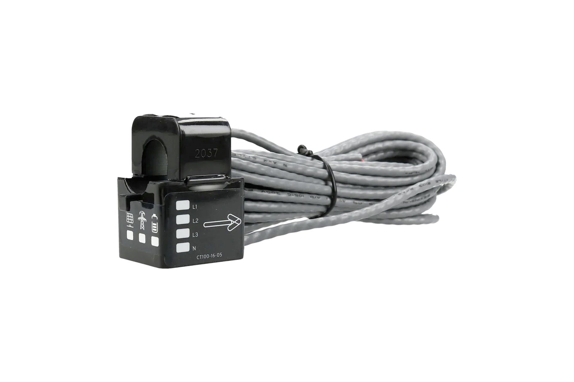 Ein schwarzer myenergi CT - Clamp Stromsensoren mit einem grauen Spiralkabel und beschrifteten CT-Klemmen-Anschlüssen, von myenergi, isoliert auf weißem Hintergrund.