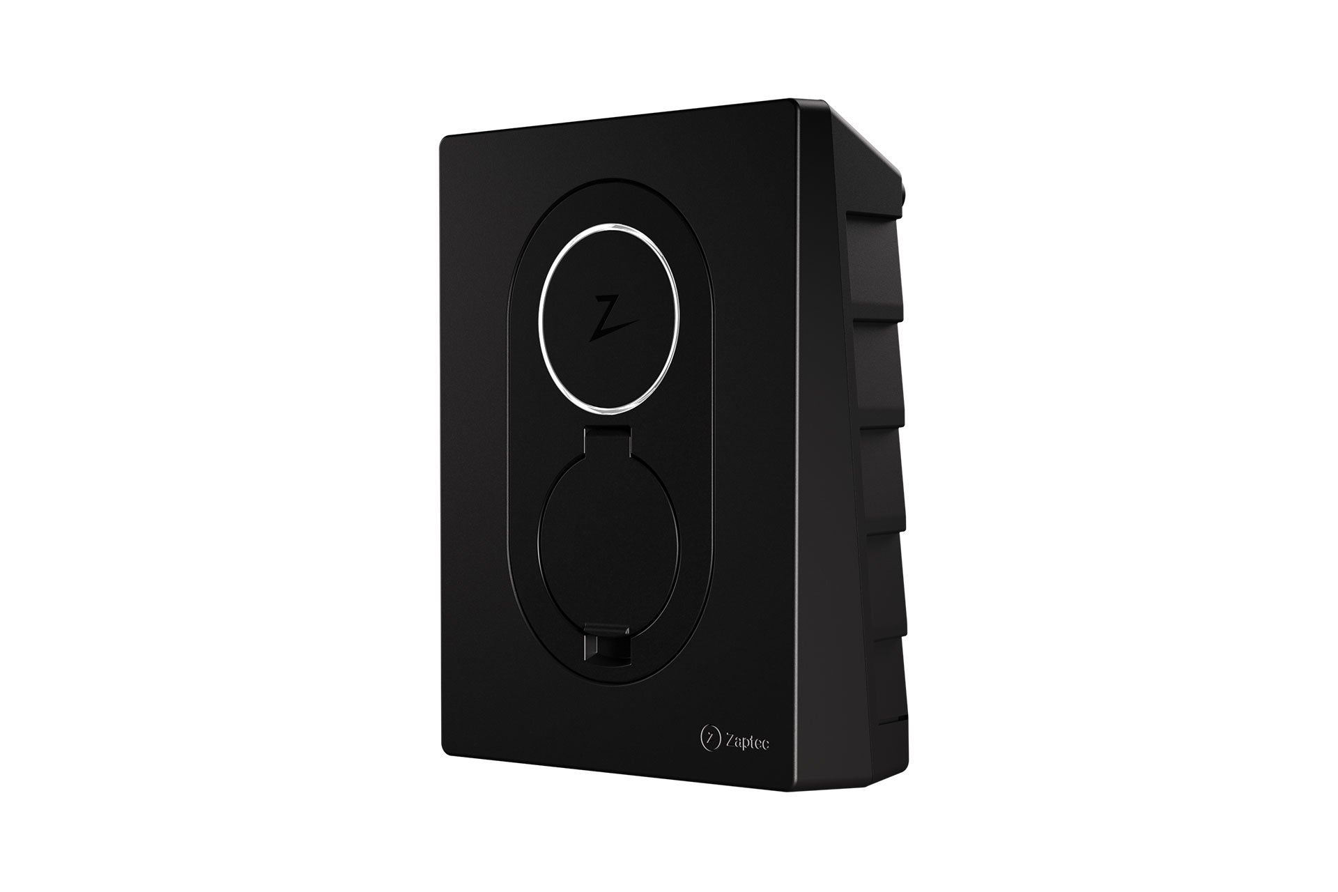 Das Zaptec Go (22 kW) von Zaptec ist ein schwarzes, an der Wand montiertes EV-Ladegerät mit einer runden Steckdose und einem zentralen Buchstaben Z.