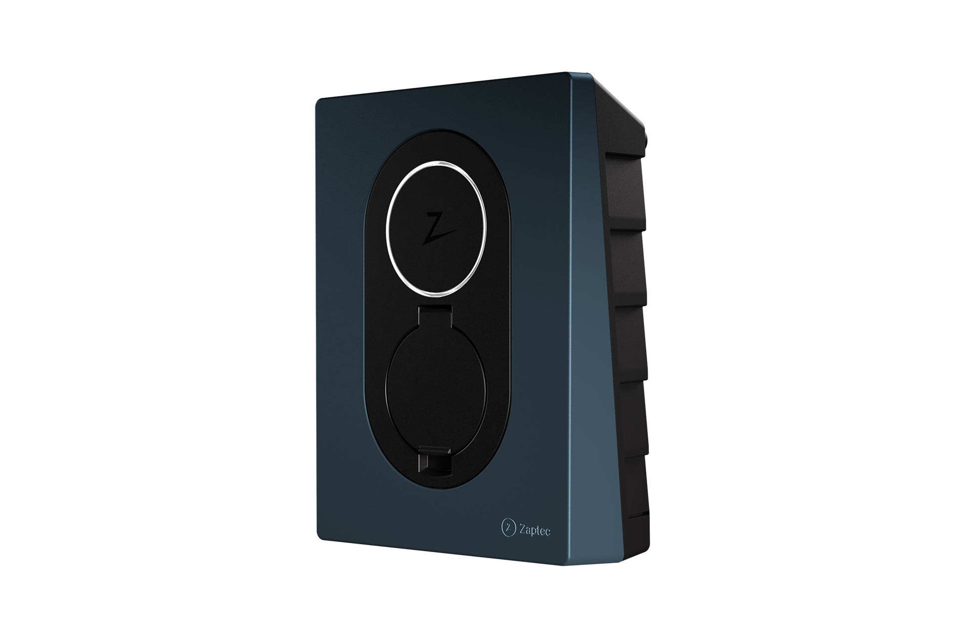 Die Zaptec Go (22 kW) von Zaptec ist eine schwarz-dunkelblaue Ladestation für Elektrofahrzeuge mit einer runden Steckdosenabdeckung, die von vorne rechts abgebildet ist.
