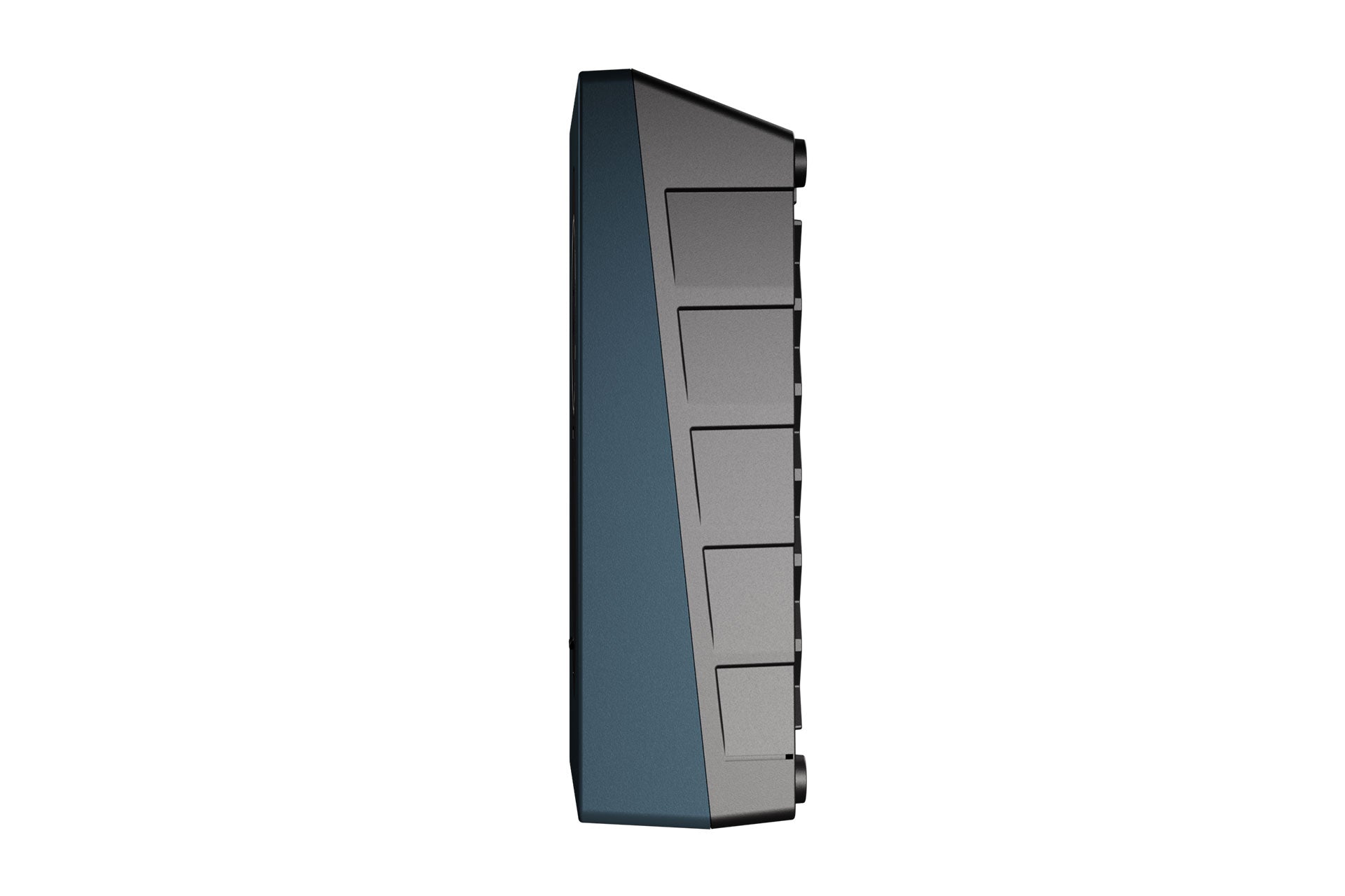 Seitenansicht einer rechteckigen Zaptec Go (22 kW) Ladestation von Zaptec mit integriertem Energiezähler und gleichmäßig angeordneten Tasten auf einer Seite, dunkelblaues Gehäuse, auf weißem Hintergrund.