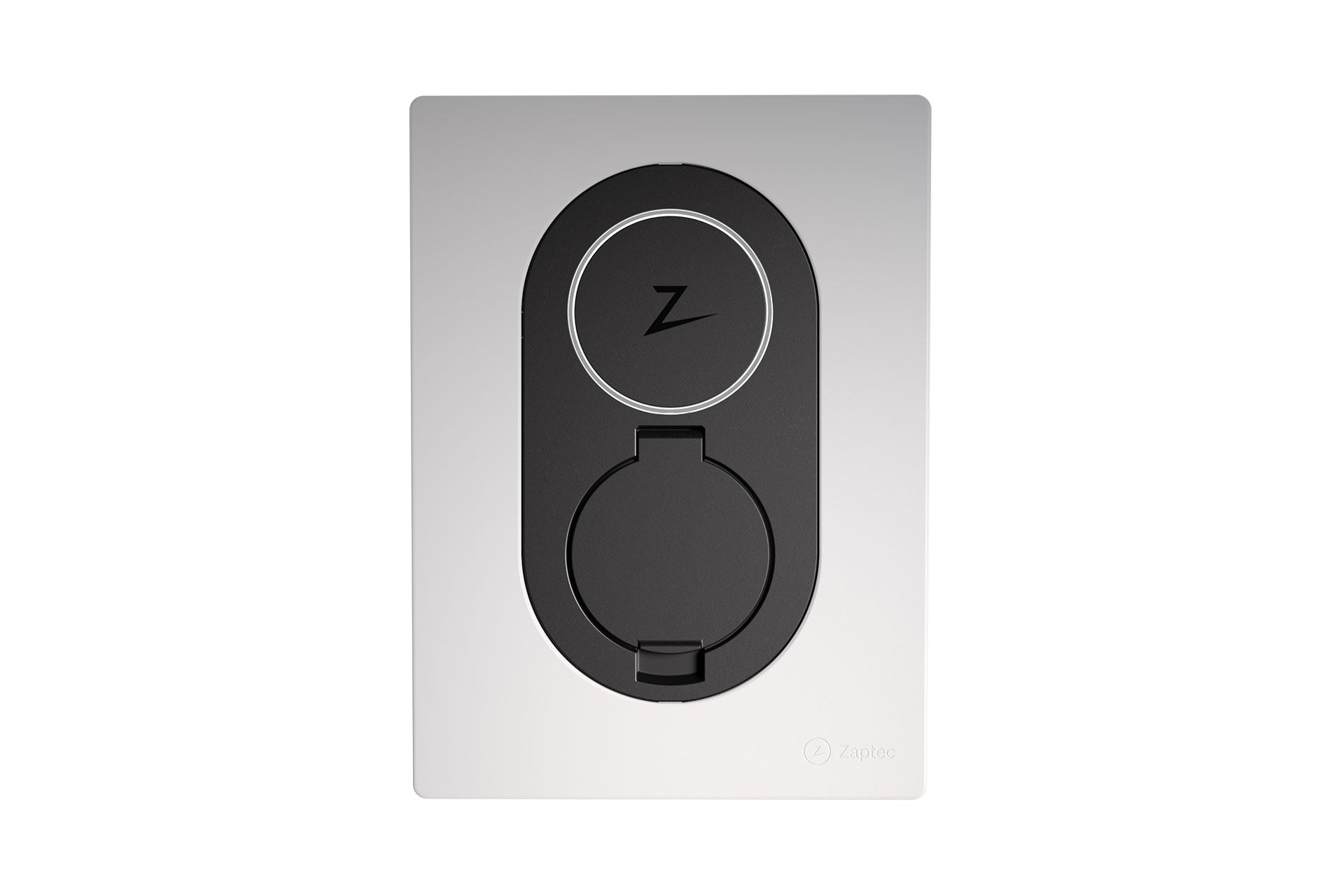 Eine Zaptec Go (22 kW) Ladesteckdose von Zaptec in Schwarz und Grau ist auf einer weißen Wandplatte montiert und verfügt über ein kreisförmiges Design mit einem zentralen „Z“-Logo und einem modernen Look.