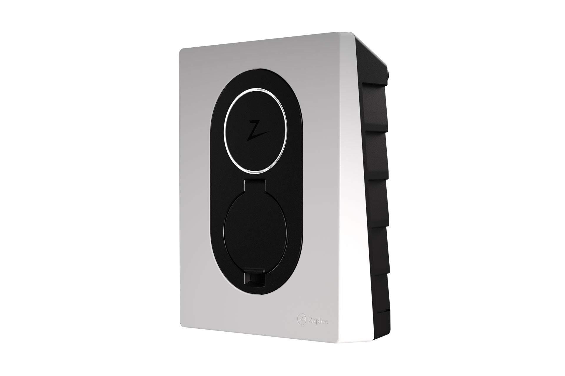 Eine silber-schwarze EV-Ladestation Zaptec Go (22 kW) von Zaptec ist auf einem weißen Hintergrund montiert und verfügt über eine runde Steckdose, einen Gleichstrom-Fehlerstromschutz und ein Z-Logo.