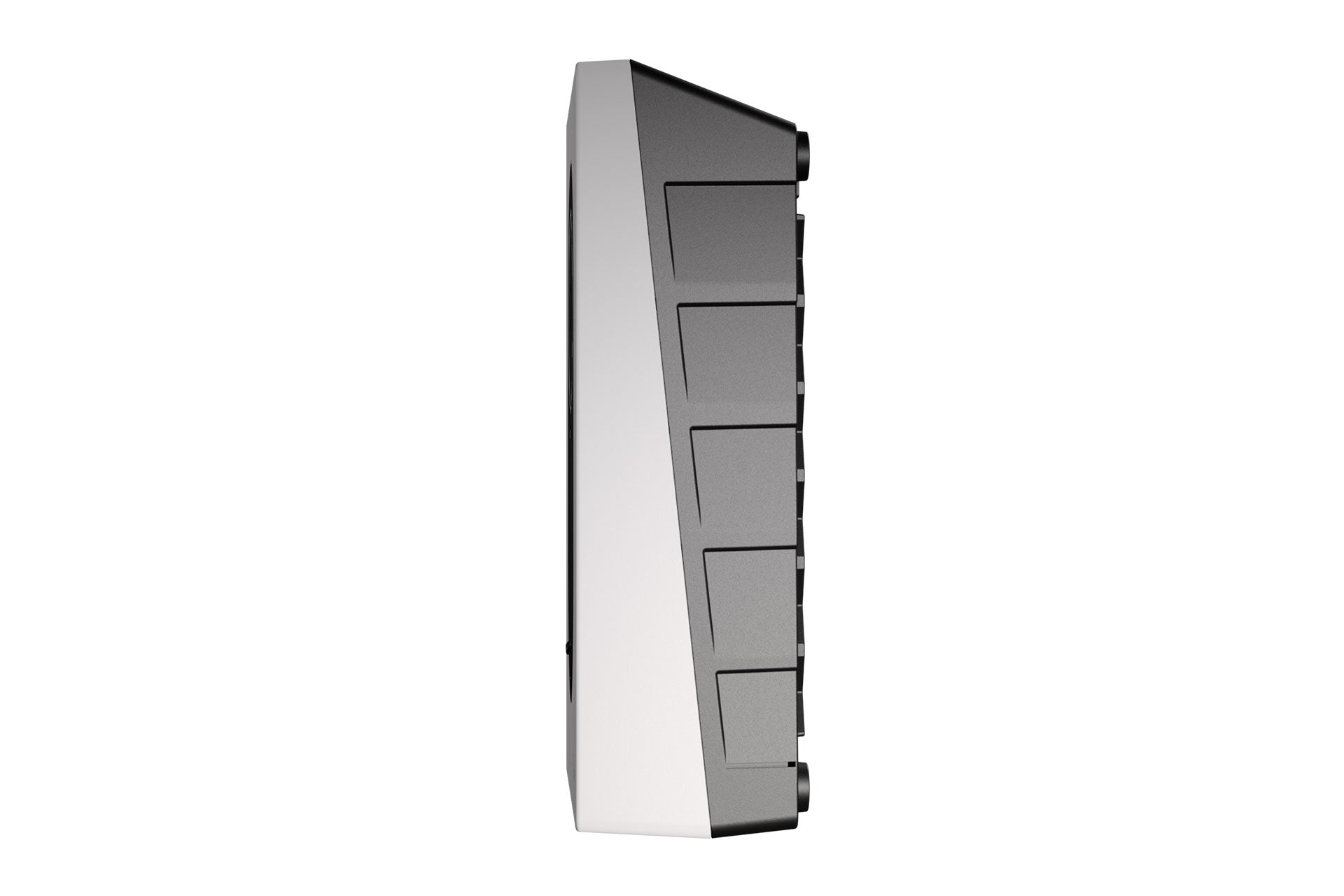 Seitenansicht des Zaptec Go (22 kW) von Zaptec, einem schwarz-silbernen EV-Ladegerät mit sichtbaren Rillen, einer abgeschrägten Vorderkante und dem eleganten Erscheinungsbild einer intelligenten Ladestation.