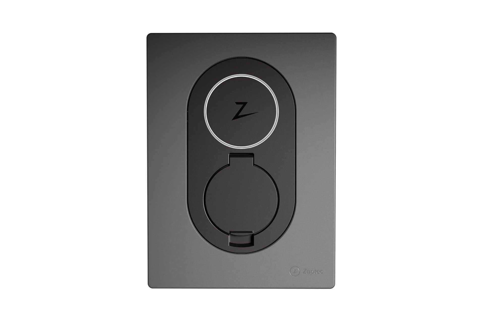Der Zaptec Go (22 kW) von Zaptec ist eine schwarz-graue runde Wandsteckdose mit einem Z in der Mitte, die als intelligente Ladestation mit integriertem Energiezähler zur optimierten Ladesteuerung dient.