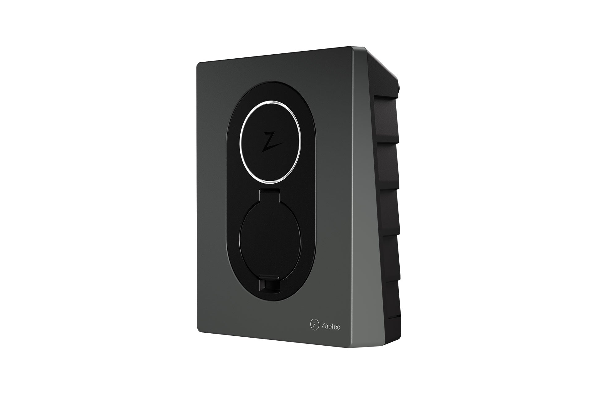 Der Zaptec Go (22 kW) von Zaptec ist eine schwarz-graue Wandladestation mit rundem Design, Frontsteckdose und integriertem Energiezähler zur präzisen Ladekontrolle.