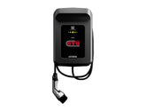 Eine schwarze GTÜ Wallbox WL60E-Ladestation für Elektrofahrzeuge auf weißem Hintergrund, ausgestattet mit einem Spiralladekabel, einer digitalen Anzeige mit GTÜ-Logo und einer integrierten Ladeübersicht für effizientes Energiemanagement.