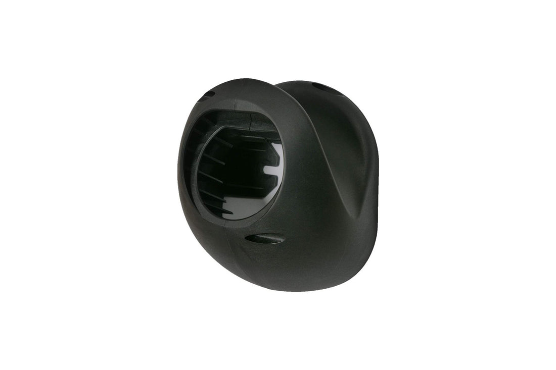 Der go-e Typ 2 Kabelhalter von go-e ist ein schwarzes Autoteil aus Kunststoff mit offener Mitte und glatter, gewölbter Oberfläche, abgebildet vor einem weißen Hintergrund.