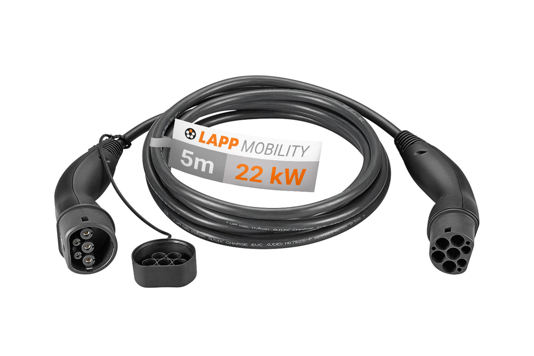 LAPP Lapp - Ladekabel Typ 2: Schwarzes Spiralladekabel für Elektroautos mit zwei Anschlüssen, 5m Länge, 22kW Leistung, Aufschrift „LAPP Mobility“.