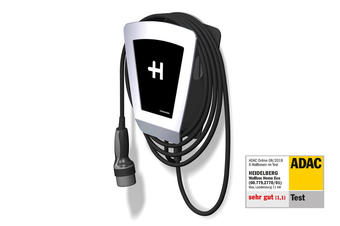 Die Heidelberg AMPERFIED Wallbox Home Eco für Elektrofahrzeuge verfügt über einen Fehlerstromschutz und ein Spiralkabel und ist mit einem ADAC-Prüfsiegel mit der Bewertung „sehr gut (1,1)“ versehen.