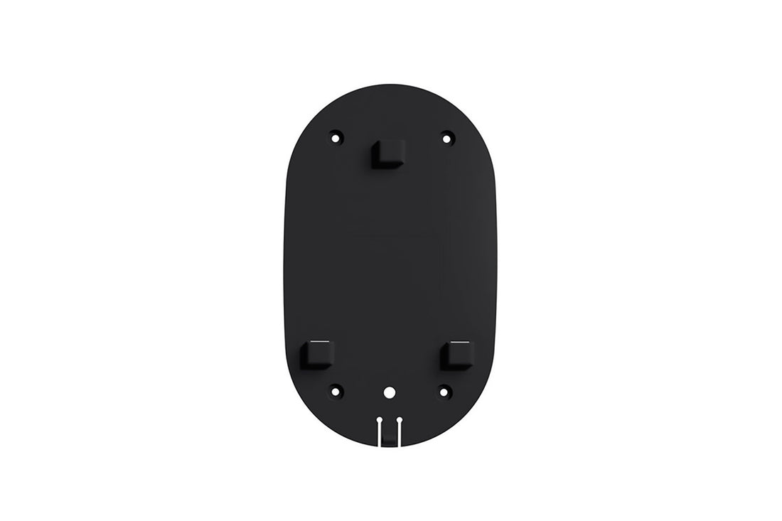 Die go-e Charger Ersatz-Wandmontageplatte von go-e ist eine schwarze, ovale Wandmontageplatte mit vier Clips und zwei Schraublöchern, frontal auf weißem Hintergrund abgebildet, passend für den Gemini Flex oder go-e Charger.